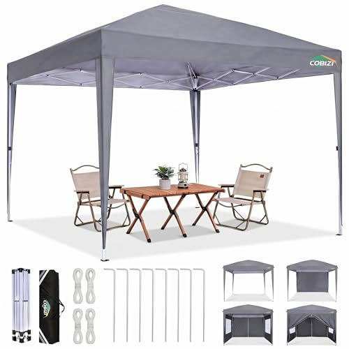 COBIZI Faltpavillon 3x3 Wasserdicht Stabil Winterfest mit Seitenwänden, Outdoor Faltbarer Zelt Pavillon, Faltzelt Pop up Pavillion, UPF 50+ UV-Schutz Festzelt mit Tragetasche für Garten Party, Grau