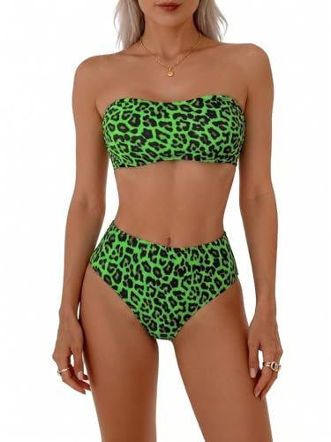 Women's Strapless Bandeau Bikini Set with High Waisted Bottoms, Leopard Print Two Piece Swimsuit, Tummy Control Swimwear for Beach Pool Holidays