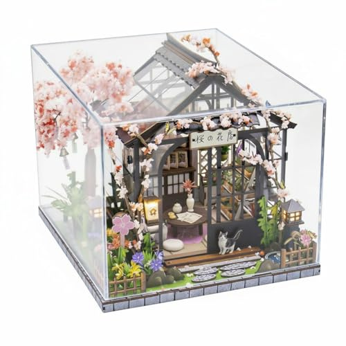 TWTCZOZ Maison Miniature Japonaise Kit Maquette Bois Modèle 3D Maison de Poupée Serre Traditionnelle Arbre de Cerisier Tournant Éclairage LED Matériaux Bois