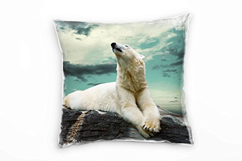 Paul Sinus Art Tiere, weiß, grau, türkis, Eisbär auf der Felsen Deko Kissen 40x40cm für Couch Sofa Lounge Zierkissen - Dekoration zum Wohlfühlen