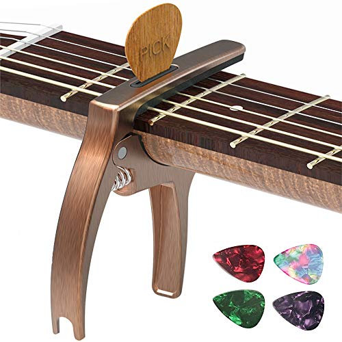 TANMUS 3-in-1 Kapodaster für Akustik- und E-Gitarren (mit Plektrumhalter und 4 Plektren), Ukulele, Gitarrenzubehör