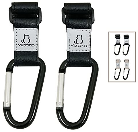 Vizaro Luxury Kinderwagenhaken - 2 Stück - Zum Aufhängen von Taschen, Rucksäcken usw. -Schwarzes Kunstlederband mit hoher Widerstandsfähigkeit bis zu 15 kg - Großer geschlossener Ring