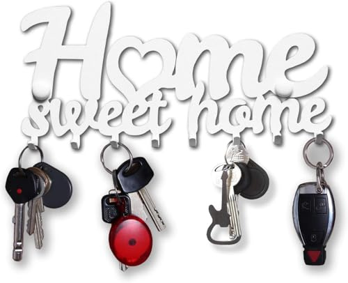 SirHoldeer Schlüsselbrett Modern Home Sweet Home, Weiß, kompakter Schlüsselhalter Wand aus Metall mit 8 Haken, Schlüsselaufhänger Wanddeko für Flur