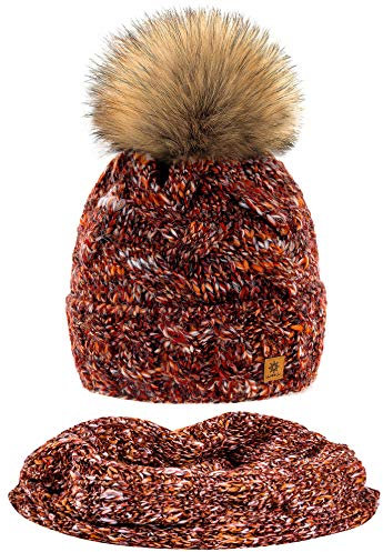 MFAZ Morefaz Ltd Set Mütze & Schal Winter Damen Alpaka Wolle Beanie Strickmütze Wurm Fleece Bommel Pom Pom (Chili Set Hat&Scarf)