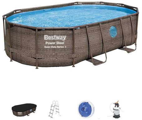 Bestway 56946 Piscine Power Steel™ Swim Vista ovale 488 x 305 x 107 cm motif rotin avec hublots, filtration à sable, échelle, bâche et diffuseur Chemconnect™