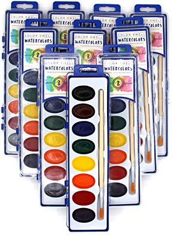 10 Sets Watercolours Paint Pack with Smooth Wood Brushes 8 Colours Washable Water Colours
