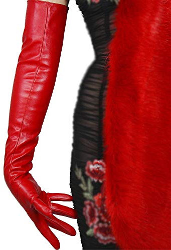 DooWay Damen Lederhandschuhe Lammfellimitat PU Hot Red Ellenbogenlänge Cosplay Kostüm Party Handschuhe, Rot 60 cm, 60 cm