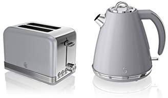 Swan, STP7040GRN, Retro 1.5L Jug Kettle & 2 Slice Toaster, Stainless Steel Body, 3kw, Slide Out Crumb Tray, Auto-Centering (Grey)