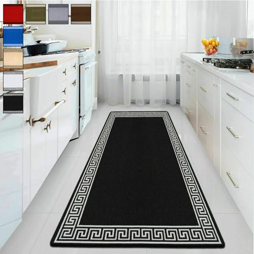 renoazul® Non-Slip Washable Large Entrance Doormat | 66 x 120 cm Outdoor and Indoor Dog Muddy Paws Floor Protector, Hallway, Bath and Kitchen Anti-Slip Mats - Greeky Rug - Black & White
