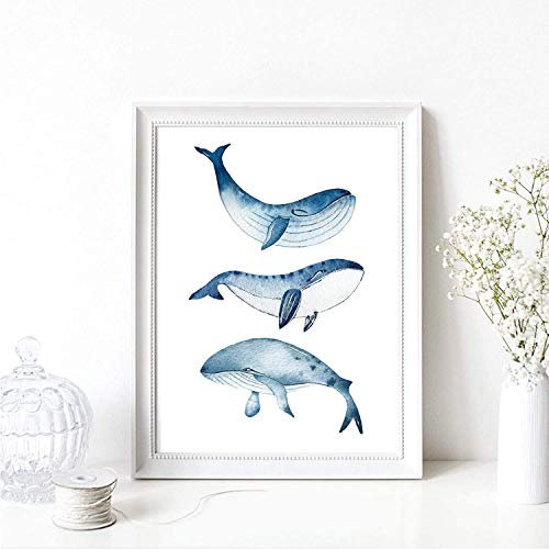 Din A4 Kunstdruck ohne Rahmen - Wal Blauwal Blauwale Trio Fisch Meerestier Ozean Maritim Aquarell, blau Deko, Badezimmer Geschenk Druck Poster Bild