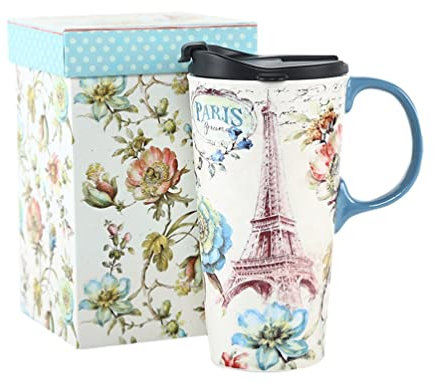 DUSVALLY Ceramic Mug Coffee Mug Porcelain Latte Tea Cup with Lid,Handle and Gift Box Latte Mug,17oz.Paris Tower