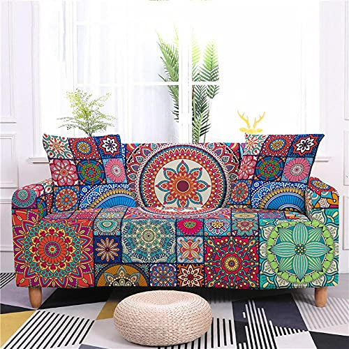 LNXSESN Sofaüberwurf Bunter Boho-Druck Sofabezug Stretch Elasthan Couch überwurf Abnehmbare Waschbar Anti Rutsch Sofahusse Moderne Sofa überzug Langlebig Universal Couchbezug 4 Sitzer