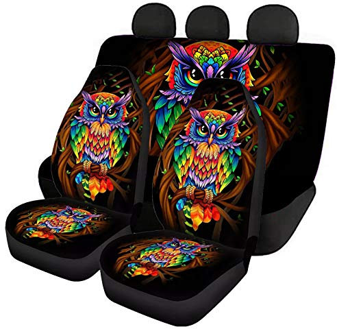 Jeiento 4 Stück Eule bedruckte Autositzbezüge, Vorder- und Rücksitzschoner Kissenmatten, Autozubehör für Männer Frauen