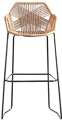 Nordic Barhocker Einfacher Stil Rückenlehne Kaffee Restaurant Hohe Hocker Eisen Rattan Wicker Hochlehner Stuhl mit Fußstütze, Schwarze Metallbeine, Sitzhöhe 25,6 /29,5