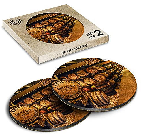 2 x Eco Boxed Cork Coasters - Scottish Distillery Whiskey Barrels Drink Cup Mug Glass Table Mat #16369