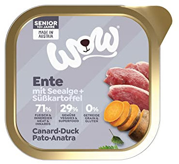 WOW Hundefutter nass Senioren mit Ente, 11x150g | reichhaltiges Nassfutter für ältere Hunde aller Rassen I beste Qualität mit viel Fleisch, Seealge & Süßkartoffel I getreidefrei & hohe Verträglichkeit