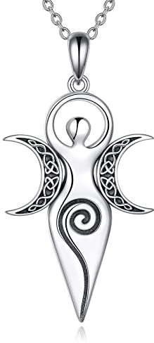 POPLYKE Triple Moon Göttin Amulett Anhänger Halskette Sterling Silber Wiccan Artemis Schmuck für Frauen