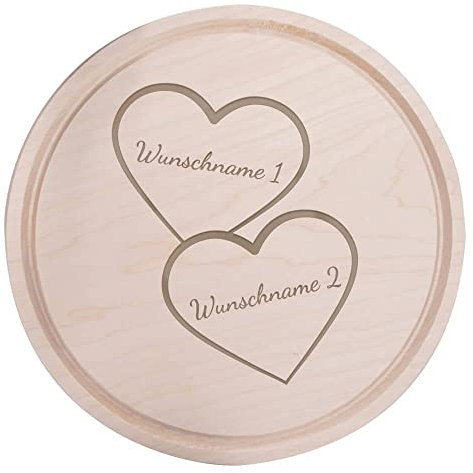 Deitert Frühstücksbrettchen mit Name oder Wunschtext graviert - Holzbrett Geschenk für Valentinstag, Hochzeit, Geburtstag für Frauen/Männer - Schneidebrett Holz Rund, 24 cm Ø, 2 Herzen Gravur