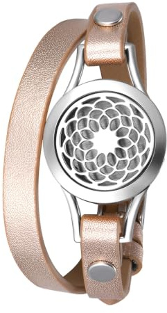 Flongo Aromatherapie Lederarmband Damen-Armband, Leder Armband Armreif Aroma Locket Diffuser Duftstofflocket mit Farbigen Filz-Pads ätherisches Öl Diffusor für Frauen