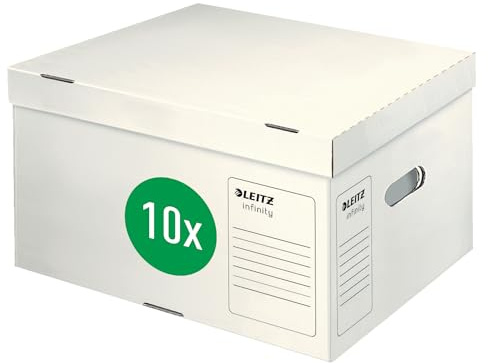 Leitz Infinity Archiv-Container, 10 Stück, Größe L, Schachtel für A4 Archivbox 5 x 80 mm/4 x 100 mm, Transportbox mit Deckel Oben, Faltbare Kartonverpackung, 100 % säurefreie Wellpappe, Weiß, 61040000