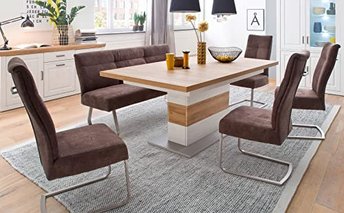 expendio Essgruppe Bruneck 11 Pinie weiß Nb 180(280) x100 cm + 4X Stuhl + 1x Bank Talida Sand Ausziehtisch Tischgruppe Esszimmer