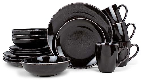 Elanze Designs Juego de vajilla de cerámica reactiva de 16 piezas, servicio para 4, color negro