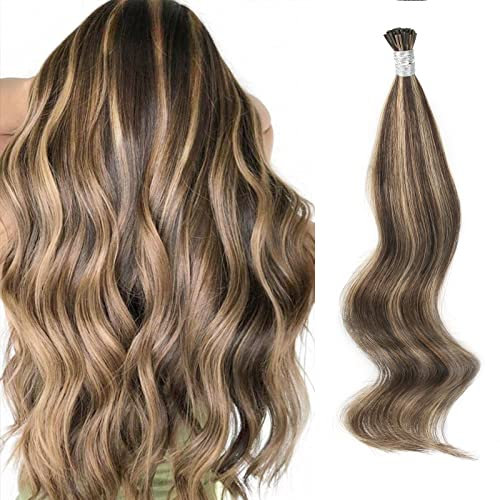 ABH AMAZINGBEAUTY HAIR Bonding Extensions Echthaar I Tip Extensions Echthaar 60cm Schokoladen Braun Hervorgehobenes Karamellblond 50gramm/50 Stränge Braune Extensions Bondings #P4/27