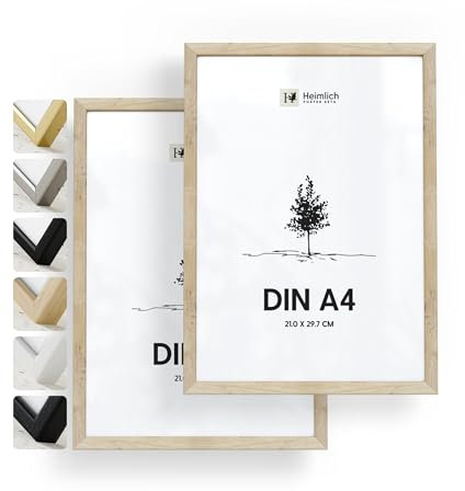 Heimlich® - Bilderrahmen - A4 21x30 cm, Eichenholz, 2er-Pack - Urkunden-, Diplom- und Urkundenrahmen mit Kunststoffabdeckung - Wandmontage oder Tischaufsteller