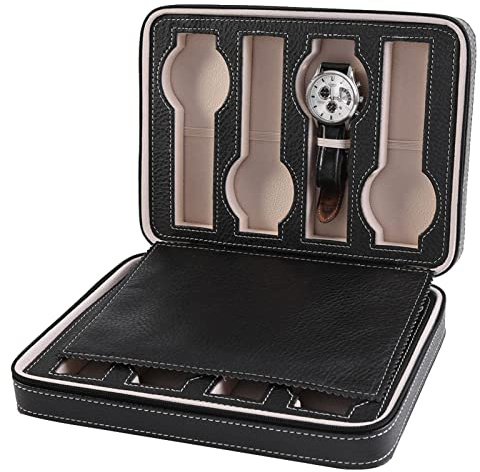 Hapivida Uhrenbox mit 8 Fächern 236 x 178 x 57 mm Uhren Aufbewahrungsbox Tragbarer Uhrengehäuse Schwarz Leder Uhrenschatulle Reisesammler mit Reißverschluss Exquisites Modisches für Männer