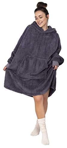 Gräfenstayn® Felpa soffice in Sherpa con Maniche e Cappuccio - Oeko-Tex Standard 100 - Coperta Oversize da Indossare - Caldo Maglione di Peluche per Uomo e Donna (L – XL, Antracite)