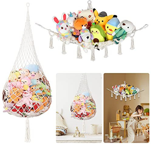 2er-Set Spielzeug Aufbewahrung KuscheltierAufbewahrung Netz Hängend 2erSpielzeug Organizer Kinderzimmer StofftierAufbewahrung weißeSpielzeug Hängematte für Teddy Eckspielzeug Netz für Schlafzimmer