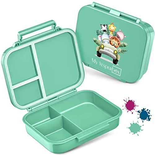 My Vesperbox – MINI BIA - Bento Box Kinder – NEUES MODEL – kompakter und leichter - Auslaufsicher & BPA Frei - Lunchbox – Brotdose - für Kindergarten und Schule (Türkis - Tiere im Jeep)