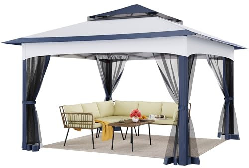 YITAHOME Pop Up Pavillon mit Seiten, 3,3 x 3,3 m Wasserdicht Pavillon mit Seitenteilen und Moskitonetz Outdoor-Überdachung mit Doppelverdeck für Camping, Party, Terrasse, Hinterhof, BBQ (Blau)