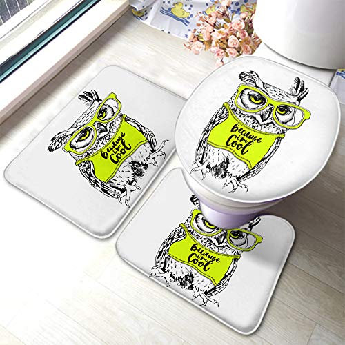 Set 3 Teilig Badvorleger Eule, Weil Ich EIN Cooles Zitat Helles Neongelbes Hemd Tier Bin Badgarnitur Badematten Waschbar Wasserabsorbierend Badematte 3-TLG, Für Wohnzimmer, Badewanne