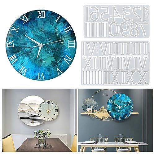 2 x Silikon-Form mit römischen und arabischen Ziffern für Wanduhr, Epoxidharz, Kristall-Zahlen, Schmuck, Anhänger, Gießform, Cupcake-Topper, Dekorformen, DIY, handgefertigt, Ton-Handwerk