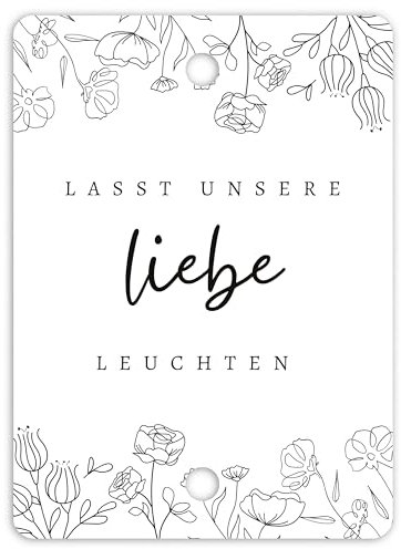50x Lasst unsere Liebe leuchten Wunderkerzen Hochzeit Etiketten - Schöne, doppelt gelochte Kärtchen für Wunderkerzen und Knicklichter (Blumen)