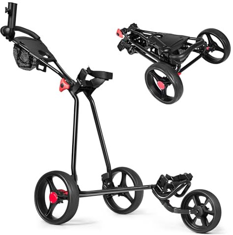 LIFEZEAL Faltbarer Golfwagen mit 3 Rädern, Golf Push Trolley mit verstellbarem Griff und Fußbremse, Golf-Caddy aus Eisen, Golftrolley mit Schirmständer, Schwarz