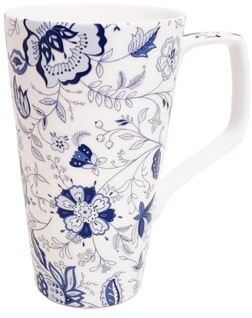 Rainbow Decors Blue Persia Mug Fine Bone China Large Latte 17oz 500 ml Oriental Blue and White Seamless Flowers Hand Decorated UK