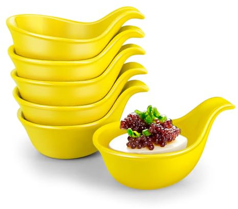 Flexzion Keramik-Dip-Schalen, kleine Schalen zum Dippen mit Griff, Gewürzbecher, Sojasaucenschale, Porzellanauflaufförmchen, Soßenhalter, Behälter für kleine Beilagen, Dips, 85 ml, Gelb, 6 Stück