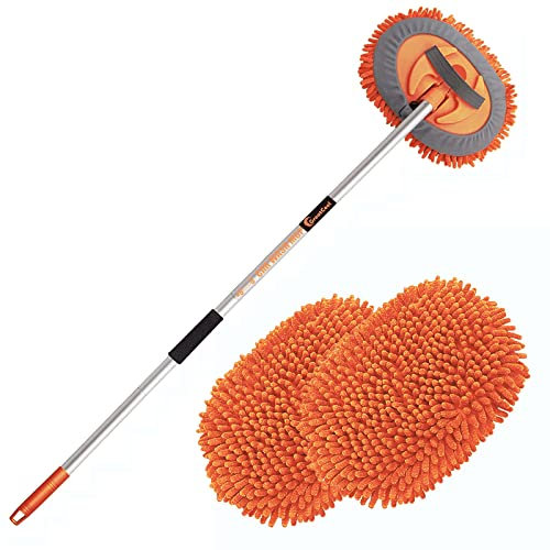 GreatCool 160cm Spazzola di Pulizia per Lavaggio Auto con Manico Lungo, 2 in 1 Arancia Microfibra Blu Spazzolone per Autolavaggio Guanto Kit per Auto Camper Camion SUV(2 x Teste per Mocio)