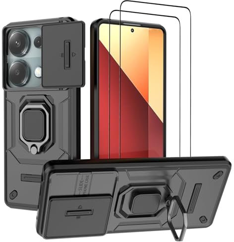 DERHAN Cover per Xiaomi Redmi Note 13 Pro 4G (Non per 5G) / POCO M6 Pro con Vetro Temperato [2 Pezzi], Custodia Antiurto con Protezione Fotocamera e Supporto - Nero