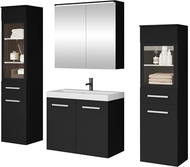 Mirjan24 Badmöbel Set Madrit II mit Waschbecken und Siphon, Komplettprogramme für Spiegelschrank, Waschtisch, Hochschrank (Schwarzer Graphit, mit weißer LED Beleuchtung)