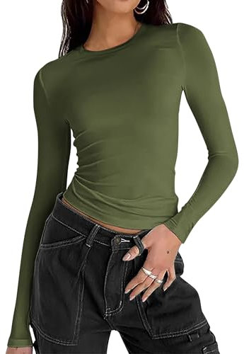 Zeagoo Women Basic Tops Long-Sleeved Shirt Slim Fit T-Shirts Y2k Casual Crop Top Crew Neck Tee Streetwear Army Green XL