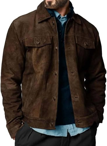 Alpha Suede Leather Jacket - Real Lambskin, Casual Trucker Coat for Men (US, X-Large, Regular, Dark Brown)