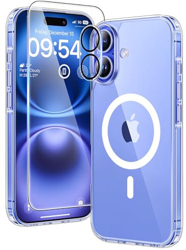 TAURI Magnetic for iPhone 16 Case with HD Screen Protector, [Not-Yellowing] [Compatible with MagSafe] Shockproof Phone Case for iPhone 16 6.1 Inch - Magnetic Clear