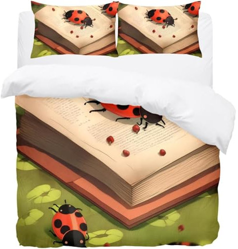 Eslifey Ladybug and Book Bedding Queen-Bettwäsche-Set – weicher Mikrofaser-Bettbezug mit 2 Kissenbezügen – Bettwäsche-Set
