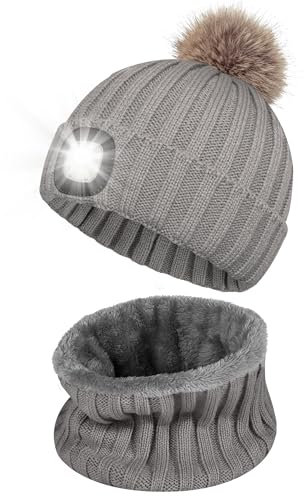 LED Mütze mit Licht Herren, Wiederaufladbare USB Herren Strickmütze mit 4 LED Licht, LED Beanie Beleuchtete Wintermütze, Warme Stirnlampe Mütze für Joggen, Wandern, Laufen, Radfahren - Dunkelgrau