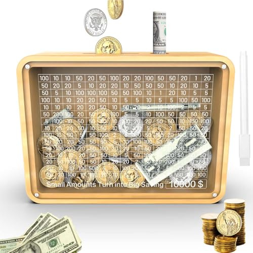 Spardose Holz mit Marker Aufklebern, Wiederverwendbare Spardose, Sparbüchse mit Zähler 10000€, Retro Sparbox Aufbewahrungsbox Hilft Kindern und Erwachsenen Die Gewohnheit Zum Sparen (Acryl 10000)
