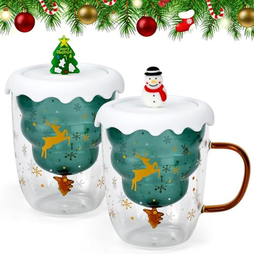 EUIEUT 2 Pz Tazza Vetro di Natale 300ml Tazze di Bicchieri a Doppia Parete Tazza da Caffè a Forma di Albero Natale Bicchiere da Latte in Vetro con Coperchio Bicchieri Vetro Natalizi per Caffè Tè Latte