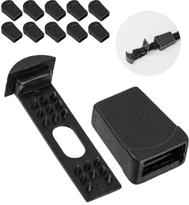 Kordel Endkappen, 12 Stück, für bis Ø 5 mm Bänder, Design 1, Schwarz, Kunststoff, Verschlusskappen für Kordelende von Rucksack, Pullover, Jacke, Outdoor Bekleidung, Seilklemme Endstück Kappe Paracord